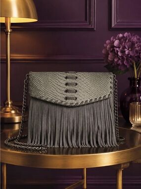 Fringed Grey Snake-Texture Crossbody Bag